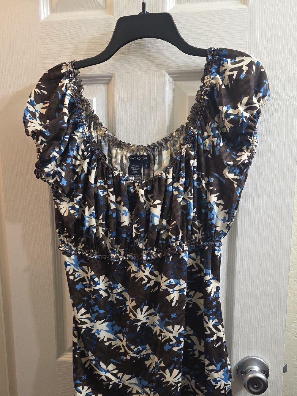 Max Edition Brown Blue White Floral Puff-Sleeve Blouse Size L